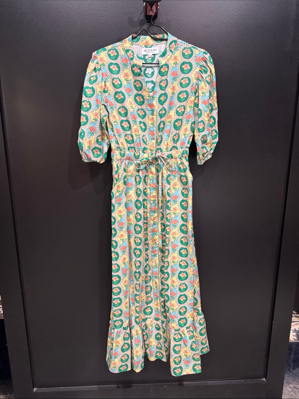 BEAU & RO Green Floral Tie-Waist Maxi Dress